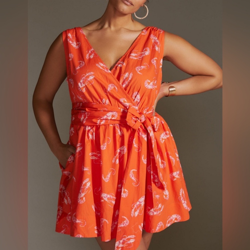 MAEVE ANTHROPOLOGIE Mini Dress Flirty Wrap Sea Shrimp Lobster Orange Dress Sz XS - Picture 1 of 10